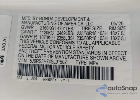 2025 Honda Cr-V Ex-L 2Wd z USA, uszkodzony, nr VIN 5J6RS3H74SL015021